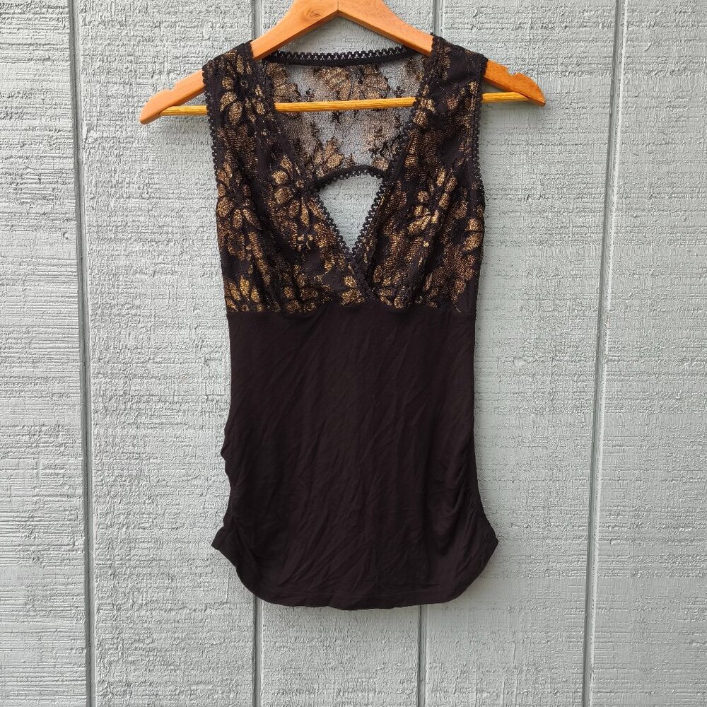 y2k Dots Lace V-Neck Ruched Babydoll Top Open Back sz S/M Black Gold